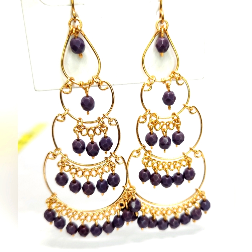 Dangle Chandelier Earrings Gold Tone Dark Purple Beads New On Card Tassle Boho